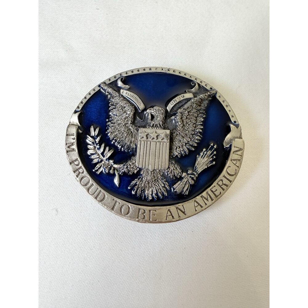 1981 Bergamot Brass Works Blue Enamel I’m Prou D To Be An American Belt Buckle